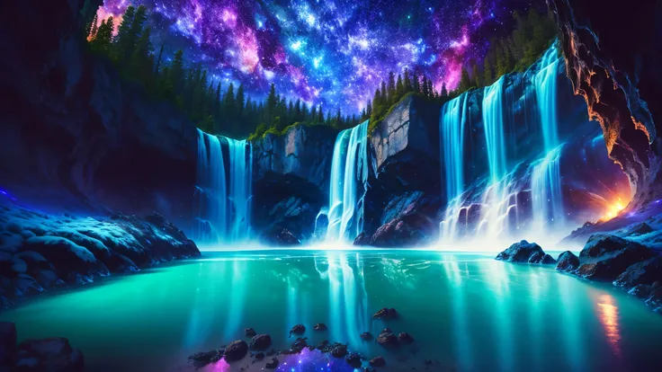 Majestic Atmosphere ,Vast Sky,( very beautiful artistic watercolor painting ), beautiful nature ,Very big and beautiful sky,\(( very elaborate and beautiful galaxy reflection:1.4)\),(many waterfalls lined up),Lots of Flow,Glowing moss ,shining rock face...