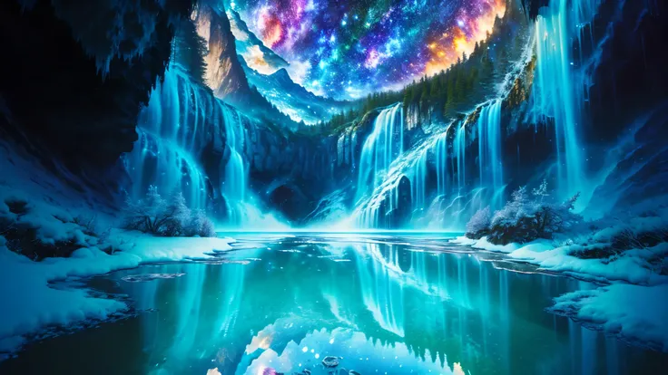 Majestic Atmosphere ,Vast Sky,( very beautiful artistic watercolor painting ), beautiful nature ,Very big and beautiful sky,\(( very elaborate and beautiful galaxy reflection:1.4)\),(many waterfalls lined up),Lots of Flow,Glowing moss ,shining rock face...
