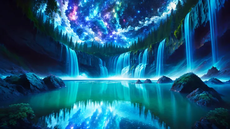 Majestic Atmosphere ,Vast Sky,( very beautiful artistic watercolor painting ), beautiful nature ,Very big and beautiful sky,\(( very elaborate and beautiful galaxy reflection:1.4)\),(many waterfalls lined up),Lots of Flow,Glowing moss ,shining rock face...