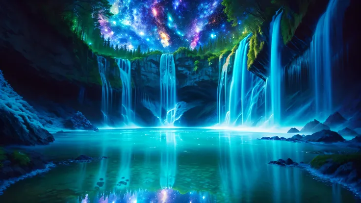 Majestic Atmosphere ,Vast Sky,( very beautiful artistic watercolor painting ), beautiful nature ,Very big and beautiful sky,\(( very elaborate and beautiful galaxy reflection:1.4)\),(many waterfalls lined up),Lots of Flow,Glowing moss ,shining rock face...
