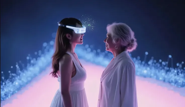 In an imaginary Metaverse world, a young woman in a flowing white dress stands face-to-face with her elderly grandmother. 
The young woman is wearing futuristic smart glasses that display floating digital data in front of her eyes. 
The woman smiles at her...