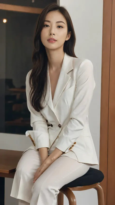 table top, top quality, shape, very detailed, details, high definition, 8k Wallpaper, perfect dynamic composition, beautiful attention to detail, business suit,short hair,natural-colored lips without getting wet, sit on a chair with a slight view of the ...