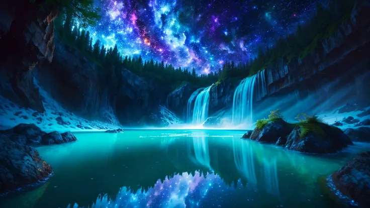 Majestic Atmosphere ,Vast Sky,( very beautiful artistic watercolor painting ), beautiful nature ,Very big and beautiful sky,\(( very elaborate and beautiful galaxy reflection:1.4)\),(many waterfalls lined up),Lots of Flow,Glowing moss ,shining rock face...