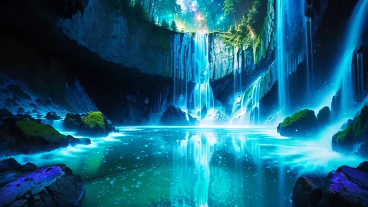 Majestic Atmosphere ,Vast Sky,( very beautiful artistic watercolor painting ), beautiful nature ,Very big and beautiful sky,\(( very elaborate and beautiful galaxy reflection:1.4)\),(many waterfalls lined up),Lots of Flow,Glowing moss ,shining rock face...