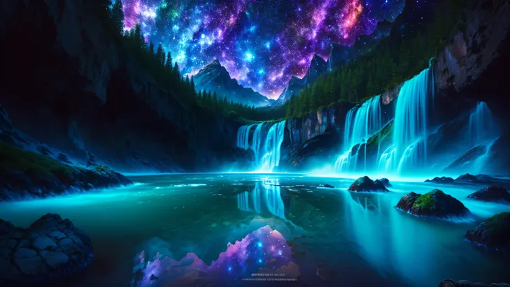 Majestic Atmosphere ,Vast Sky,( very beautiful artistic watercolor painting ), beautiful nature ,Very big and beautiful sky,\(( very elaborate and beautiful galaxy reflection:1.4)\),(many waterfalls lined up),Lots of Flow,Glowing moss ,shining rock face...