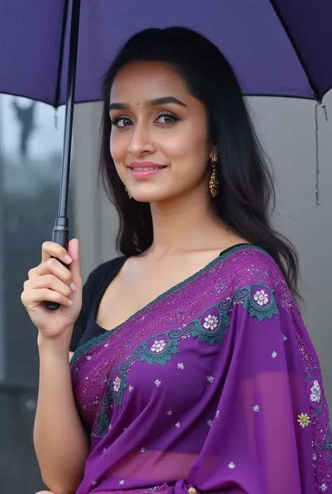 Shraddha kapoor, standing gracefully under an umbrella in the rain. She has a smooth, glowing face with beautiful eyes and lips, and her hair is styled with bangs, with some strands falling over her face and some tucked behind her ears. She is wearing a vi...