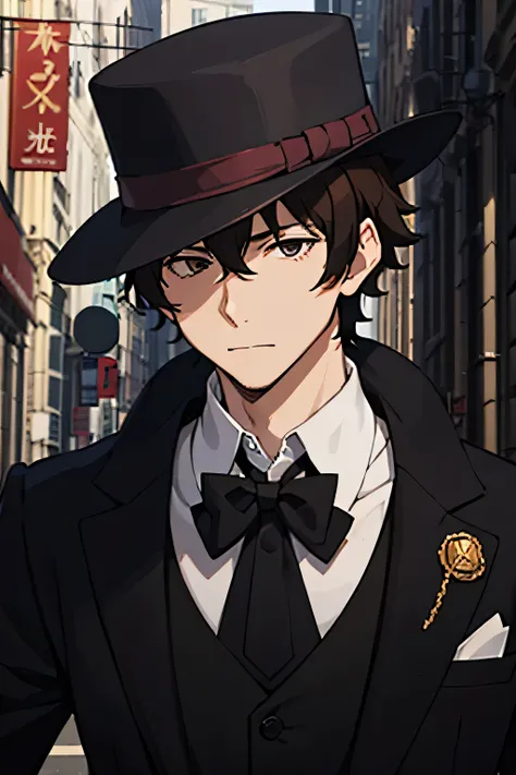 24 year old man, tall and thin body, a criminal, brown hair, black eyes, wearing bowler hat, wearing a formal vest, facing forward, looking ahead, hd, half body,  manipulator