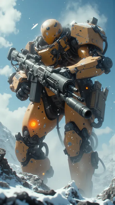 Cowboy shot of a giant mechanical robot、low angle looking up、holds a giant beam rifle with both hands、A golden beam burns down the battlefield in the ice field、snow evaporates and frozen debris in the background、Cold and hot light contrast、Cinematic、Super ...