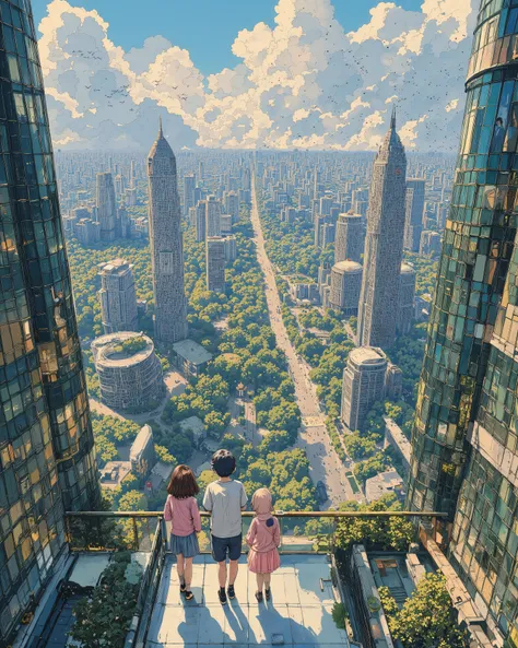 A breathtaking anime-style digital painting of a young man and woman standing inside a modern glass-walled building, overlooking a vast futuristic cityscape with lush green parks. The scene is bathed in golden sunlight, casting soft shadows. The sky is fil...
