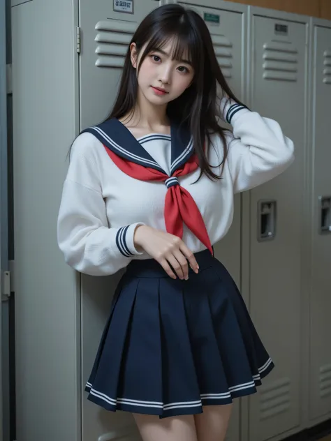 japanese cute idol, Japanese cute girl, kawaii, a beautiful young girl dressed up as a sailor girl standing school locker room, dark lighting , 1girl, solo, school uniform, serafuku, skirt, black hair, long hair, socks, masterpiece, best quality, hyper de...