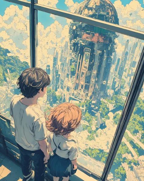 A stunning anime-style close-up of a young man and woman standing near a floor-to-ceiling glass window, overlooking a futuristic cityscape with lush green parks. The warm sunlight illuminates their faces, casting soft shadows. The boy has slightly messy ha...