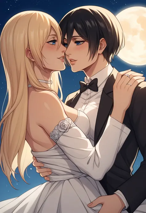  result_9,  result_8_higher,  result_7_higher, source of interruption_anime, Rice History, blue eyes,  blonde hair ,  The long , Medium breasts ,Historia beautiful white wedding dress, a black-haired soldier with Historia ,Mikasa مع هيستوريا متزوجان ,Mikas...