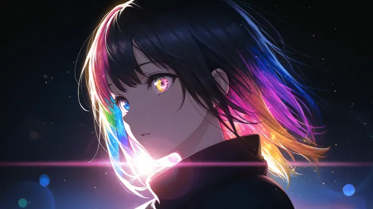 {{masterpiece}}, best quality, extremely detailed CG unity 8k wallpaper, cinematic lighting, lens flare, beautiful detail eyes, black,  side glance,  multicolor hair, colorful light, particles, heterochromia, (colorful:1.5), (colorful hair:1.5),