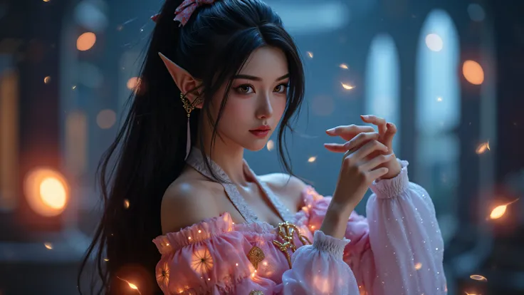 A tall dark elf girl with long black hair styled in a sleek ponytail. Her amber eyes are softly against her tanned brown skin, creating a striking and captivating contrast. She stands with graceful confidence, her sharp pointed ears emphasizing her mysteri...