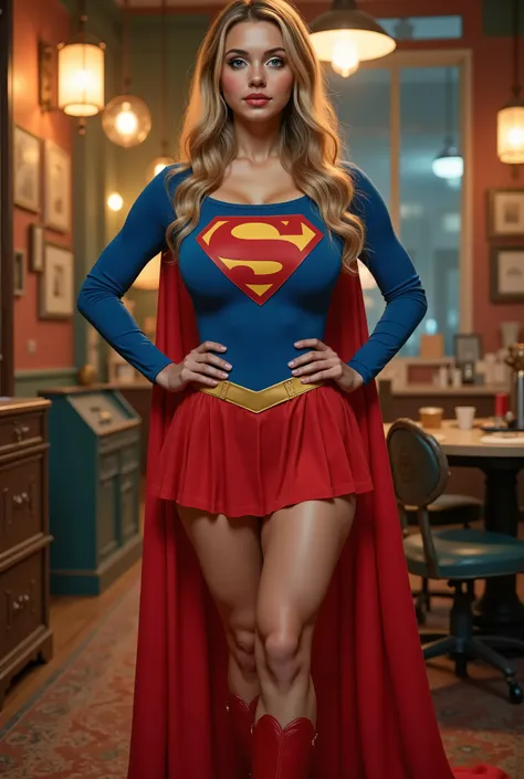 a beautiful BRITTISH girl with long blonde hair, detailed blue eyes, nose, and lips,WEARING A 1980 SUPERGIRL COSTUME, CAPE AND BOOTS (best quality,4k,8k,highres,masterpiece:1.2),ultra-detailed,(realistic,photorealistic,photo-realistic:1.37),HDR,studio ligh...