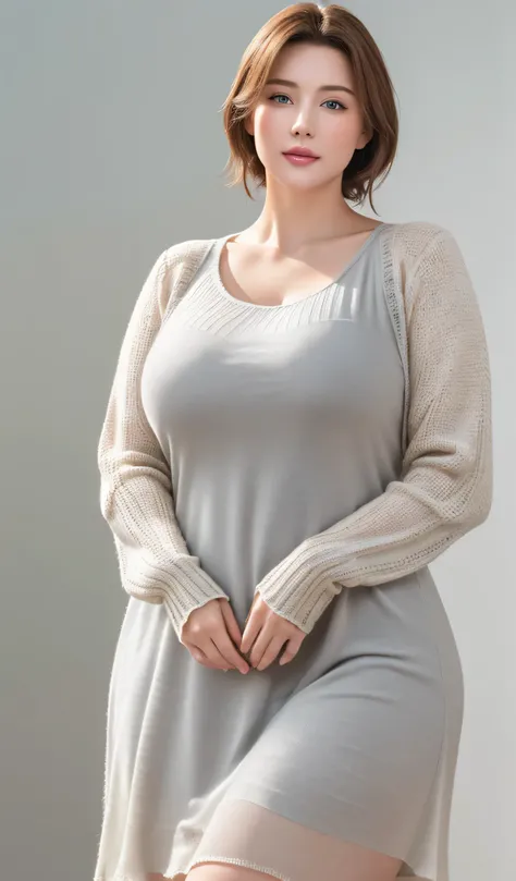 One Mature Russia Women, 25 Years Old, Large Framed and Big-boned Mature Wife, Mature Wife, Wearing Long Knitted Tight Trench Sweaters with Collar, Plump Figure, Muscular Body, Large and big front top body portrait, Walking, Knitted Trench Grey-White Wool ...