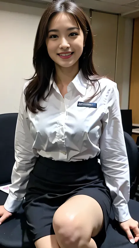((Highest Quality, 8k, masterpiece: 1.3, Photorealistic)), OL, tight miniskirt, office room desk, chair, (stare at the viewer), Mature Woman, business wear, smile:0.2, normal breasts