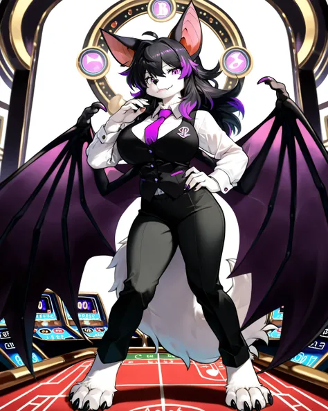 masterpiece, best quality, anime shading, full body picture, athletic body type, centered, three quarter view, 1girl, ((single view)), ((alone)), anthro, furry, fox female, ((white fox)), ((bat ears:1.5)), purple eyes, white fur, white skin, ((shoulder len...