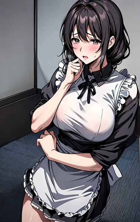 Japanese、40age、Mature Woman、 black hair、Maid、黒Maid服、白Maidエプロン、miniskirt、I'm sweating all over my face、sexy look、fascinated eyes、