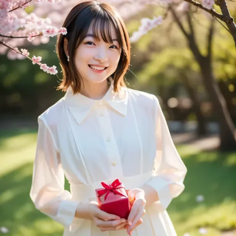 A breathtakingly beautiful 20-year-old woman stands in a lush park filled with cherry blossoms in full bloom beneath a clear blue sky. She wears a classic sailor uniform and gently holds a small, neatly wrapped gift box adorned with a red ribbon. Her radia...