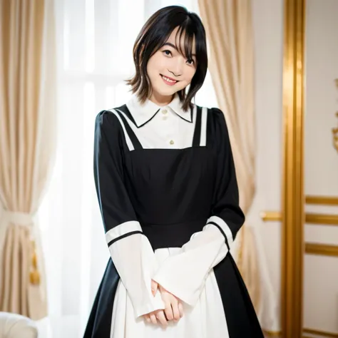 A breathtakingly beautiful 20-year-old woman stands in an opulent mansion room, dressed in a classic black-and-white maid outfit with a short hem and a white brim cap. Her confident smile radiates warmth. The room features elegant furnishings and decor bef...
