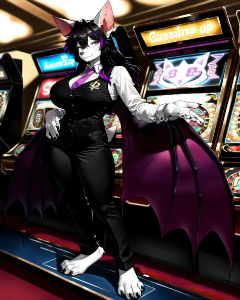 masterpiece, best quality, anime shading, full body picture, athletic body type, centered, three quarter view, 1girl, ((single view)), ((alone)), anthro, furry, fox female, ((white fox)), ((bat ears:1.5)), purple eyes, white fur, white skin, ((shoulder len...