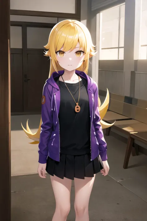 masterpiece, Highest quality, High resolution, (oshino shinobu), petite, Dilapidated, Long Hair, Pointed Ears, black tee shirt, (purple zip parka),  black pleated skirt, Expressionless, Are standing, Cowboy Shot, Remains, indoor,