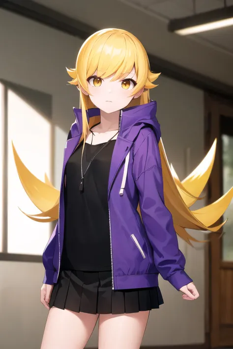 masterpiece, Highest quality, High resolution, (oshino shinobu), petite, Dilapidated, Long Hair, Pointed Ears, black tee shirt, (purple zip parka),  black pleated skirt, Expressionless, Are standing, Cowboy Shot, Remains, indoor,