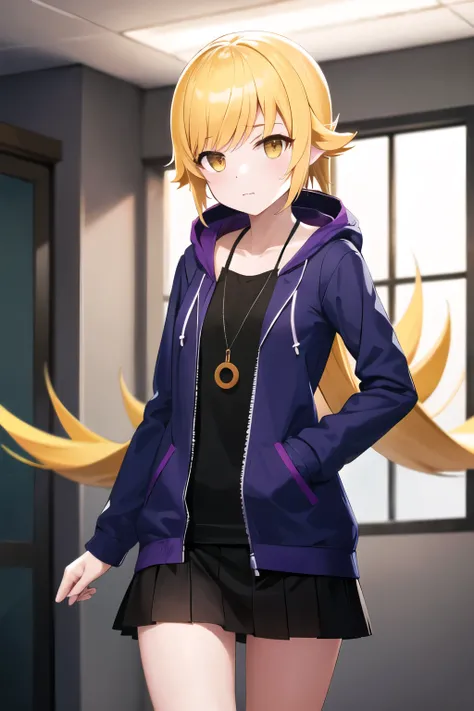 masterpiece, Highest quality, High resolution, (oshino shinobu), petite, Dilapidated, Long Hair, Pointed Ears, black tee shirt, (purple zip parka),  black pleated skirt, Expressionless, Are standing, Cowboy Shot, Remains, indoor,