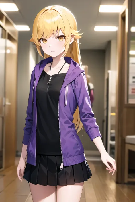 masterpiece, Highest quality, High resolution, (oshino shinobu), petite, Dilapidated, Long Hair, Pointed Ears, black tee shirt, (purple zip parka),  black pleated skirt, Expressionless, Are standing, Cowboy Shot, Remains, indoor,
