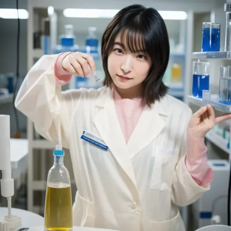 Depict a 20-year-old, stunningly beautiful woman conducting an experiment in a well-equipped science lab. She wears a pristine white lab coat over professional attire, her expression focused as she carefully handles scientific instruments. Whether her hair...