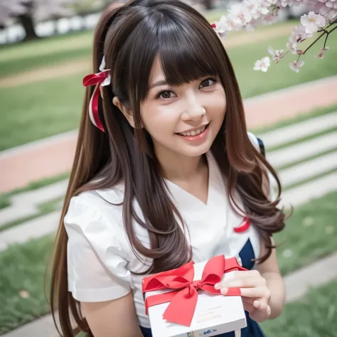 A breathtakingly beautiful 20-year-old woman stands in a lush park filled with cherry blossoms in full bloom beneath a clear blue sky. She wears a classic sailor uniform and gently holds a small, neatly wrapped gift box adorned with a red ribbon. Her radia...