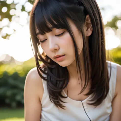 A breathtakingly beautiful 20-year-old woman stands in a lush green park at sunset, bathed in the warm golden light of the evening sun. Facing forward, her eyes gently closed, cheeks slightly flushed, and her face tilted upward as if anticipating a kiss, s...