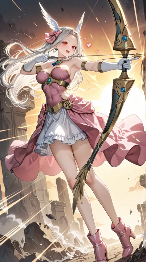 1girl,(Irisviel von Einzbern),mature female,red eyes,solo,bangs,large_breasts,(Valkyrie),white gloves,pink footwear,high heels,pink boots,pink bow,blue bow,bow,brooch,dress,standing,earrings,frilled dress,frills,gloves,hair bow,heart,jewelry,seductive smil...