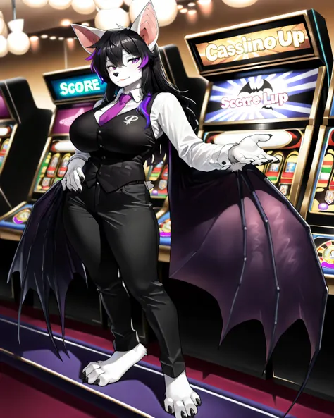masterpiece, best quality, anime shading, full body picture, athletic body type, centered, three quarter view, 1girl, ((single view)), ((alone)), anthro, furry, fox female, ((white fox)), ((bat ears:1.5)), purple eyes, white fur, white skin, ((shoulder len...