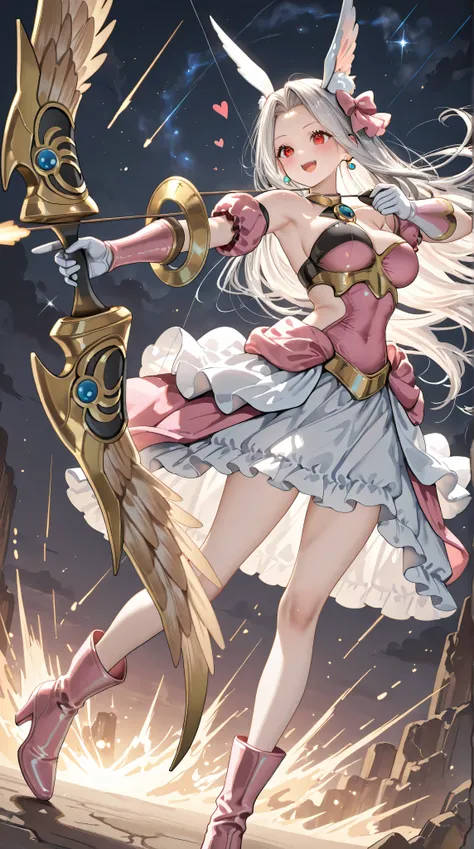 1girl,(Irisviel von Einzbern),mature female,red eyes,solo,bangs,large_breasts,(Valkyrie),white gloves,pink footwear,high heels,pink boots,pink bow,blue bow,bow,brooch,dress,standing,earrings,frilled dress,frills,gloves,hair bow,heart,jewelry,seductive smil...
