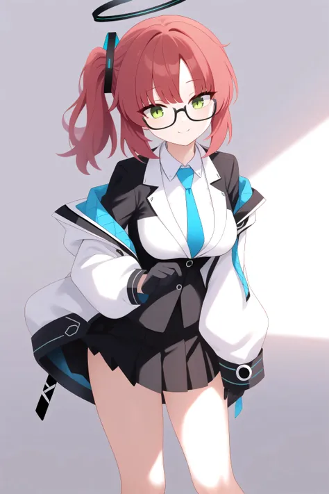 score_9, 1 girl, Alone, Yuka \(Blue Archive\), Blue Archive,  halo,  green eyes, Red Hair,short hair,Right side ponytail, medium breasts, Yuka-default, tie, blue tie, shirt, white shirt, collared shirt, jacket,  Long Sleeve, black gloves, black rimmed glas...