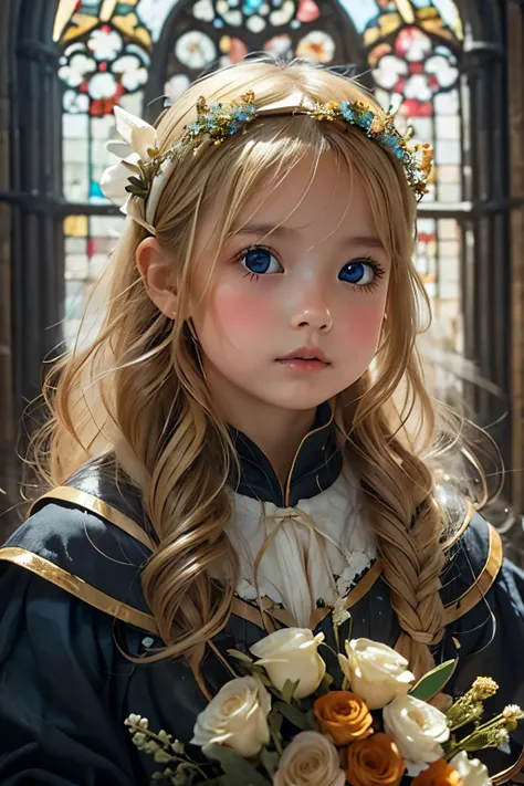 Little young girl,blond hair,morning,cute,fantasy, gorgeous dress ,headband,odd-eye,cathedral,bouquet