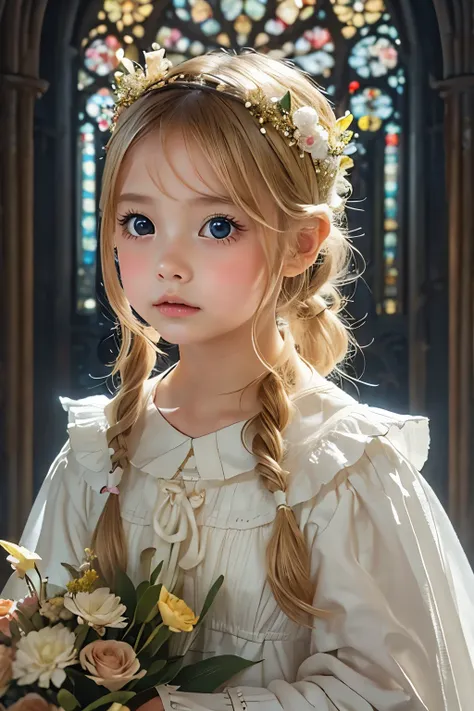 Little young girl,blond hair,ponytail,morning,cute,fantasy, gorgeous dress ,headband,odd-eye,cathedral,bouquet