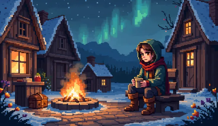 in the style of aziib_pixel. pixel art of A A lone happy with smile omn his face traveler sits on a weathered wooden bench by a roaring hearth in the center of a small, cozy village square. Their patchwork cloak, a tapestry of memories stitched together wi...