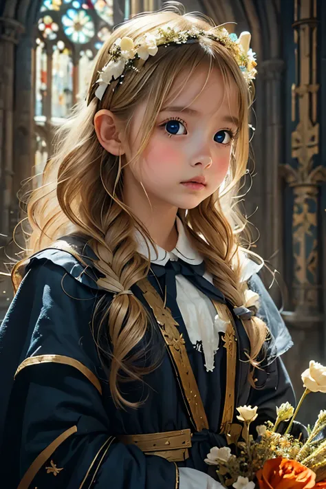 Little young girl,blond hair,morning,cute,fantasy, gorgeous dress ,headband,odd-eye,cathedral,bouquet