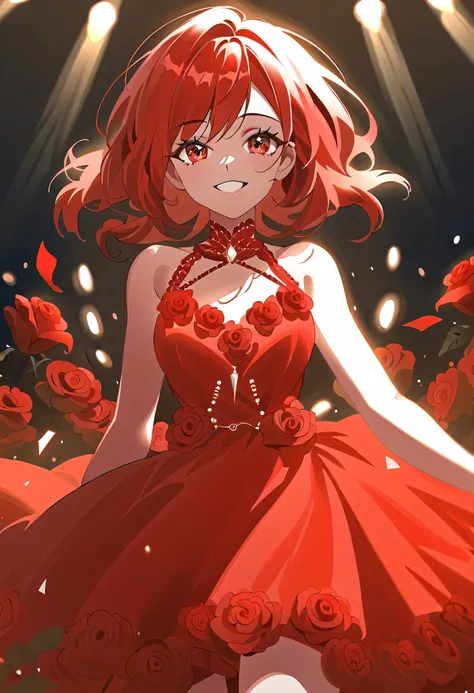Smiling 16-year-old girl in a bright red dress surrounded by high quality red roses、Long Red Hair、red eyes( pretty eyes）、 knee shot、The chest、realistic depiction、4K high resolution、professional、Photographic Reality、Advanced Detailed Description、HDR、Studio ...
