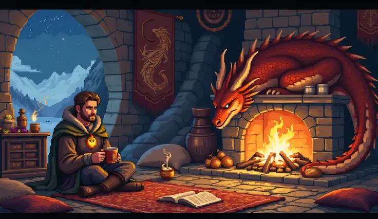 Main Subject:**
A cloaked traveler sits on a fur rug by a roaring hearth, holding a steaming mug. Their calm expression and relaxed posture exude peace. A glowing dragon-scale pendant hangs around their neck, and an open book with dragon sketches lies be...