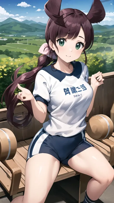  cute girl、gym seat 、 Big bow on  、  clear、 I can see mountains in the back