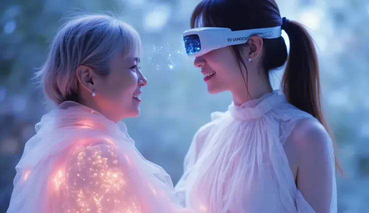 In an imaginary Metaverse world, a young woman in a flowing white dress stands face-to-face with her elderly grandmother. The grandmother body glowing, translucent figure. 
The young woman is wearing futuristic smart glasses that display floating digital d...