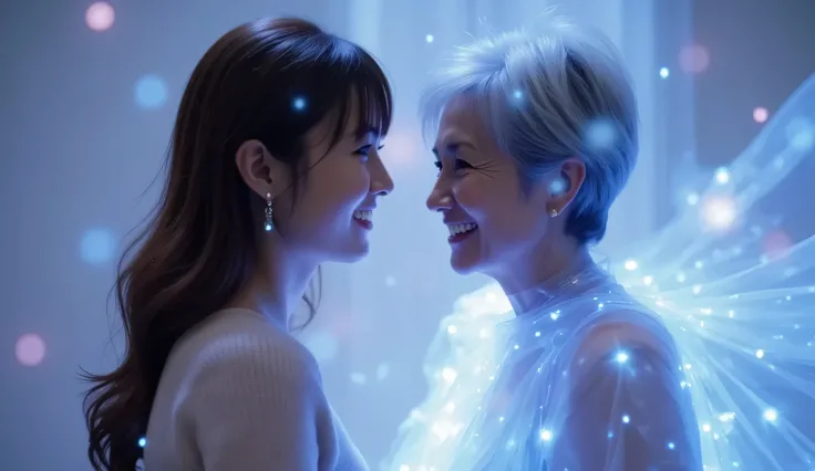 In a Metaverse virtual world, a young woman and a glowing, translucent figure of her old grandmother stand face to face. The grandmother, with soft, ethereal blue light radiating from her, smiles warmly at the young woman, who is smiling back. in Metaverse...