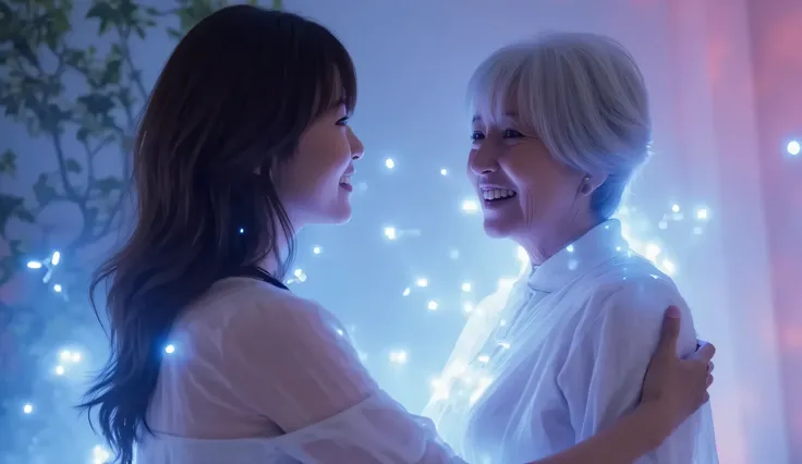 In a Metaverse virtual world, a young woman and a glowing, translucent figure of her old grandmother stand face to face. The grandmother, with soft, ethereal blue light radiating from her, smiles warmly at the young woman, who is smiling back. in Metaverse...