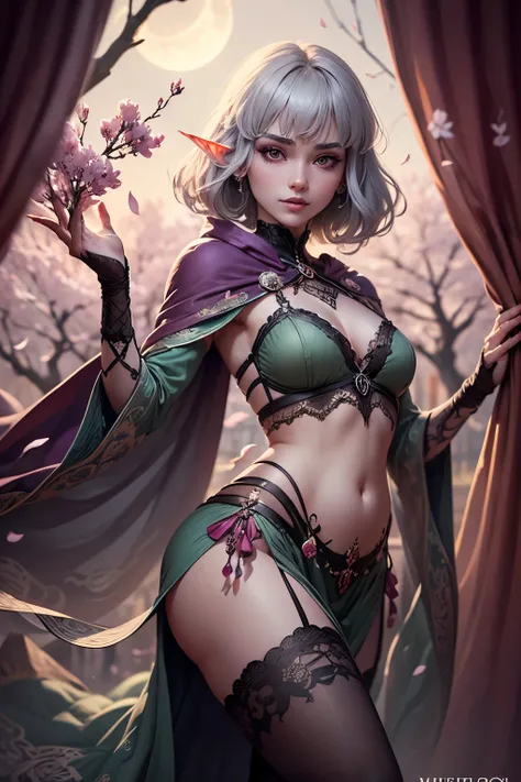 (Ultra-detailed face, Looking away, Gothic Illustration, Dark tone colors. She has five fingers on her hands and five toes on her feet.), BREAK
(On a hill with cherry blossoms blooming at midnight, when the pale little moon shines. Midnight. Fantastic. M...