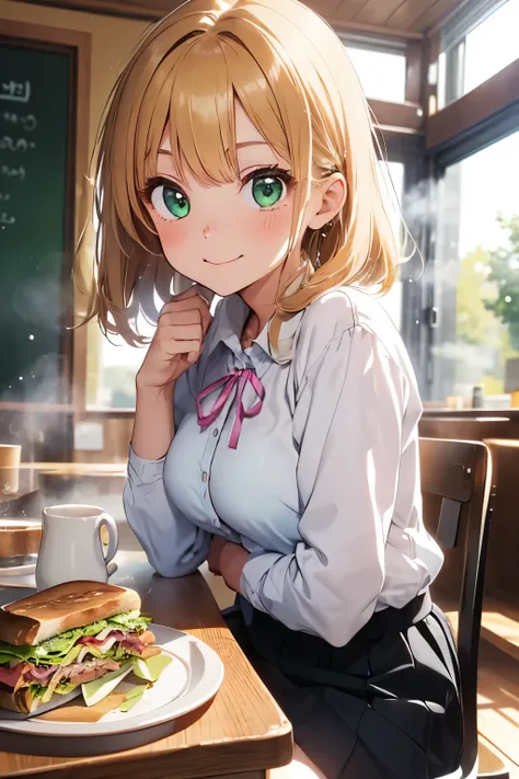 girl sitting on a chair in a cafe, school uniform, black tights,(is steaming on a table with 1 mug and 1 plate of sandwich:1.2), (cowboy shot:1.3), looking at viewer, medium breast, blonde hair, medium hair, green eyes, smile, closed mouth, best quality, p...