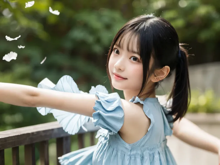 adorable by design, s, Japanese girl under the back, (summer dress with ruffles fluttering in the wind :1.4), Curly Hair, hair scrunchies under the arms, twin tails, (Suggestive:1.2), (smile:0.8), natural makeup, (very detailed eyes:1), (Highest...